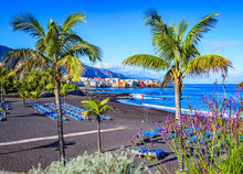 Puerto De La Cruz, Tenerife, Canary Islands, Spain: Famous Beach Playa Jardin With Black Sand In A Beautiful Day