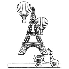 Sticker - eiffel tower with balloons air hot flying and motorcycle vector illustration design