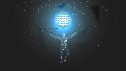 Poster - Conceptual abstract man. Connected lines, dots, triangles, particles. cience fiction scene. Artificial intelligence concept. High technology vector, digital background. 3D render vector illustration.