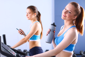 Wall Mural - Group of people at the gym exercising on cross trainers. people at the gym