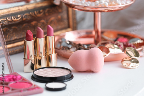 Cuadros en Lienzo Decorative cosmetics on dressing table in makeup room