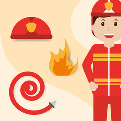 Sticker - firefighter in uniform helmet with fire and large hose vector illustration