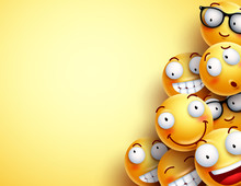 Yellow Smileys Vector Background. Emoticons Or Smileys With Funny And Happy Facial Expressions In Yellow Blank Space Background For Text Or Presentation. Vector Illustration.
