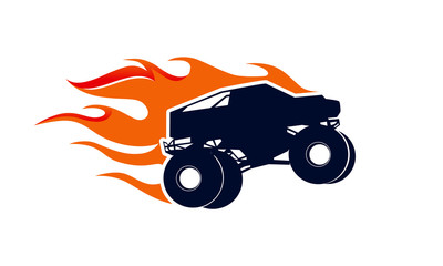 Extreme Monster Truck logo, Extreme Monster Truck with fire flame logo template