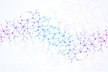 Scientific molecule background for medicine, science, technology, chemistry. Wallpaper or banner with a DNA molecules. Vector geometric dynamic illustration.