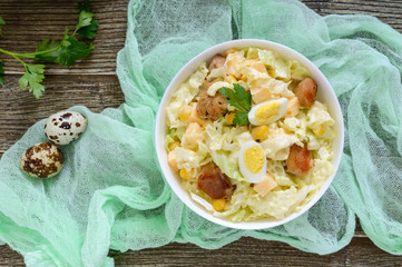 Wall Mural - Light spring dietary salad from Chinese cabbage, chicken, cheese, quail eggs. Proper nutrition. Top view.