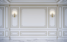 White Wall Panels In Classical Style With Gilding. 3d Rendering