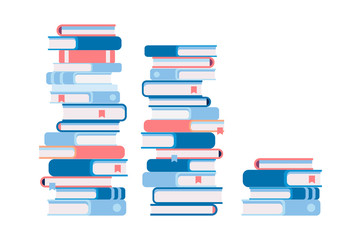 3 stacks of books, different by height. flat vector illustration isolated on white background.