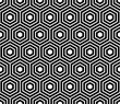 Seamless pattern with black white hexagons and striped lines. Optical illusion effect. Geometric tile in op art style. Vector illusive background, texture. Futuristic element, technologic design.