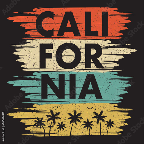 Fotografia California typography print for design t-shirt with palm trees and gull