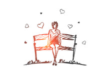 Hand Drawn Girl In Love Sitting On Bench