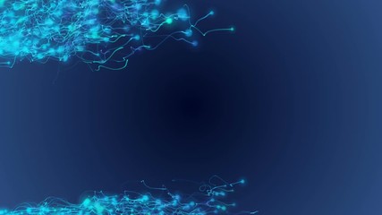 Poster - Flying left to right particle flows. Dark blue background. Cinematographic business background.