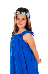 Canvas Print - Beautiful small girl with blue dress and a flowers´ wreath on her head