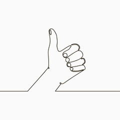 Wall Mural - One line drawing of hand showing great sign. Continuous line finger up. Hand-drawn illustration of linear like gesture. Vector.