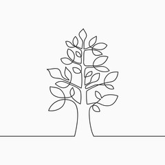 Poster - Continuous line drawing of tree with leaf. One line wood, plant and leaves. Hand-drawn illustration for logo, emblem. Vector.