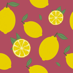 Poster - Lemon seamless pattern. Fresh citrus fruit with leaf background. Vector illustration.