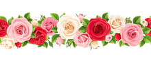 Vector Horizontal Seamless Garland With Red, Pink And White Roses And Green Leaves.