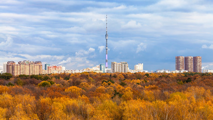 Poster - view of park and TV tower in Moscow city in autumn