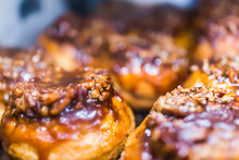 Macro Closeup Display Of Chocolate Drizzled Pecan Nut Sticky Buns Danish Pastries Caramelized In Bakery For Breakfast Background