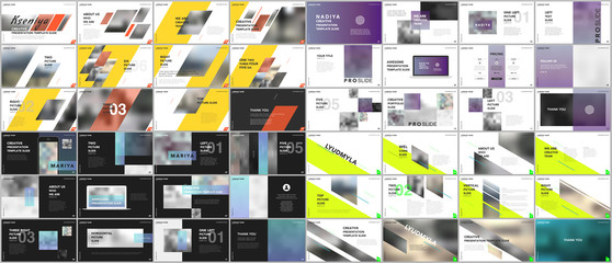 Wall Mural - Set of minimal presentations, portfolio templates. Simple elements on white and black background. Brochure cover vector design. Presentation slides for flyer, leaflet, brochure, report, advertising