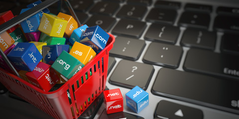 Poster - Shopping basket with domain nameson computer keyboard. Internet communication and e-business concept.