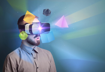Poster - Amazed businessman with virtual reality colorful geometric shapes in front of him