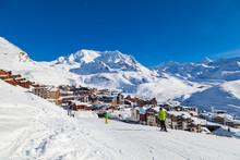 VAL THORENS, FRANCE - JANUARY 24, 2018: View To Ski Resort Val Thorens From Ski Piste, Three Valleys