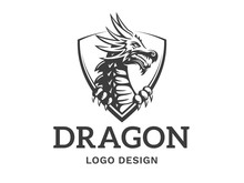 Vector Head Of A Dragon In The Form Of A Shield Illustration, Logotype, Print, Emblem Design On A White Background.