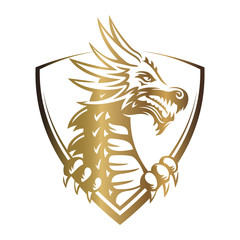Wall Mural - gold vector head of a dragon in the form of a shield illustration, print, emblem design on a white b
