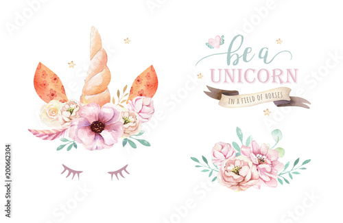 Valokuva  Isolated cute watercolor unicorn clipart with flowers