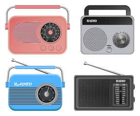 Poster - Radio music old device mockup set. Realistic illustration of 4 radio music old device mockups for web