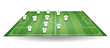 Top and side view of football field with team players t-shirt. Textured soccer field in perspective. Green tactic mockup. Vector illustration.