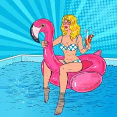 Pop Art Beautiful Blonde Woman Swimming in the Pool at the Pink Flamingo Mattress. Glamorous Girl in Bikini Enjoying Summer Vacation. Vector illustration