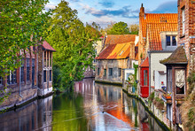 Bruges, Belgium. Medieval Ancient Houses Made Of Old Bricks