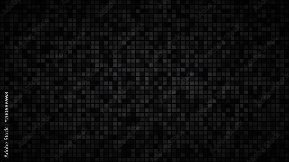 Abstract dark background of small squares or pixels in shades of black and gray colors. - obrazy, fototapety, plakaty 