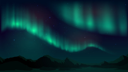 vector illustration with aurora borealis, northern starry night