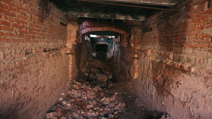 Wall Mural - Red brick abandoned underground sewer tunnel with dramatic mysterious atmosphere, inside sewerage, dark toned