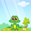 Frog Cartoon Character sitting on the ground isolated on forest  background. Colorful vector illustration. Design for children book illustration