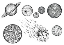 Sketch Planet Icon Set, Vector Ink Hand Drawn Illustration