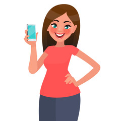 Wall Mural - A beautiful woman is holding a smartphone. Vector illustration