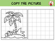 Small tropical island with coconut palm and crab. Copy the picture. Coloring book. Educational game for children. Cartoon vector illustration