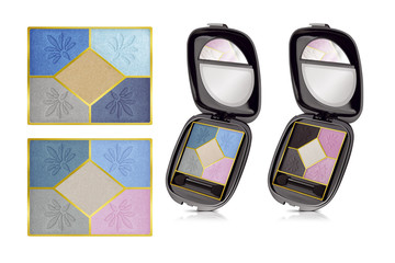 Cosmetic solid eyeshadows, two products and two mixed colors high resolution samples, beauty products isolated on white background, clipping paths included