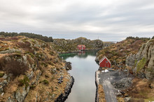 Rovaer In Haugesund, Norway - Januray 11, 2018: The Rovaer Archipelago In Haugesund, In The Norwegian West Coast. The Small Canal Between The Two Islands Rovaer And Urd