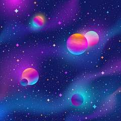 Space background with colorful stars and planets . Vector illustration.