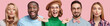 © WHstudio Leushin N - Horizontal shot of mixed race men and women express positive emotions smile joyfully rejoice something pleasant in life. Adorable blonde woman blows kiss, cheerful dark skinned male, female in eyewear