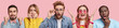 © WHstudio Leushin N - Handsome hipster guy in stupor, nervous blonde woman, bearded male clenches fists, overjoyed pinup woman, surpsied dark skinned male, isolated over pink background. People and emotions concept
