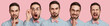 Set of handsome bearded young male in formal clothing isolated over pink studio background, demonstartes hush sign, being surprised, serious and annoyed, pleads about something with happy look
