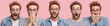 © WHstudio Leushin N - Horizontal collage photo of handsome bearded male in round spectacles expresses surprisment, hesitation, happiness and frustration, demonstrates human emotions, isolated over pink background