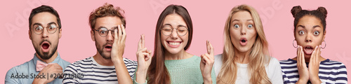 Fotomural Indoor shot of different people express various emotions, pose agaist pink background, terrified and surprised to see something
