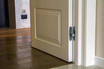 Modern house interior detail with wooden parquet floor and white door. Apartment after renovation close-up.